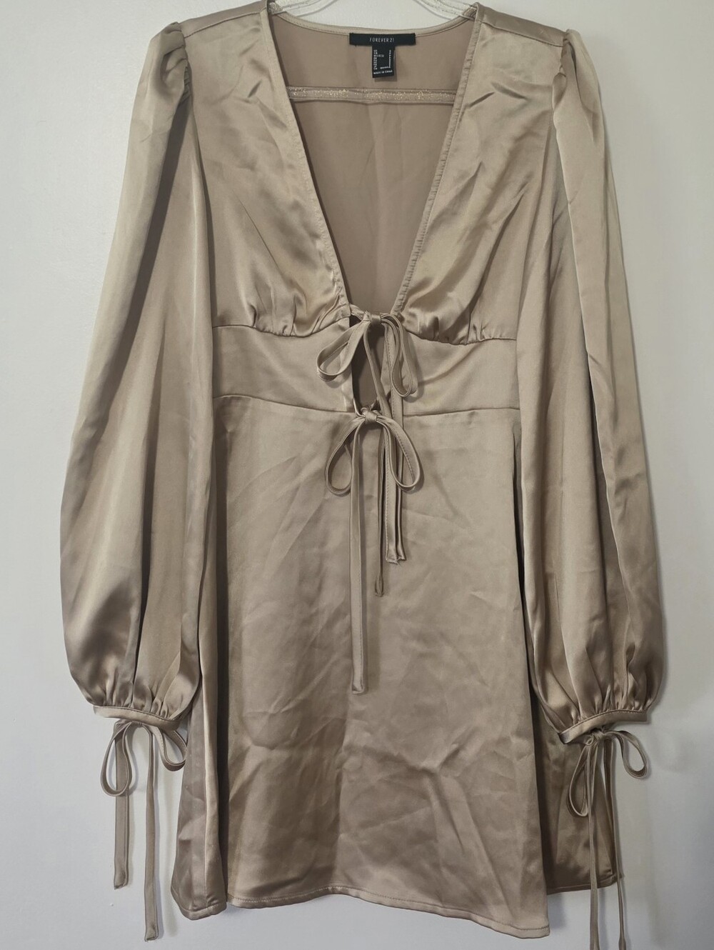 Beige Satin Cutout Bow Mini Dress Deep V Tie Front Siren Core Romantic Small